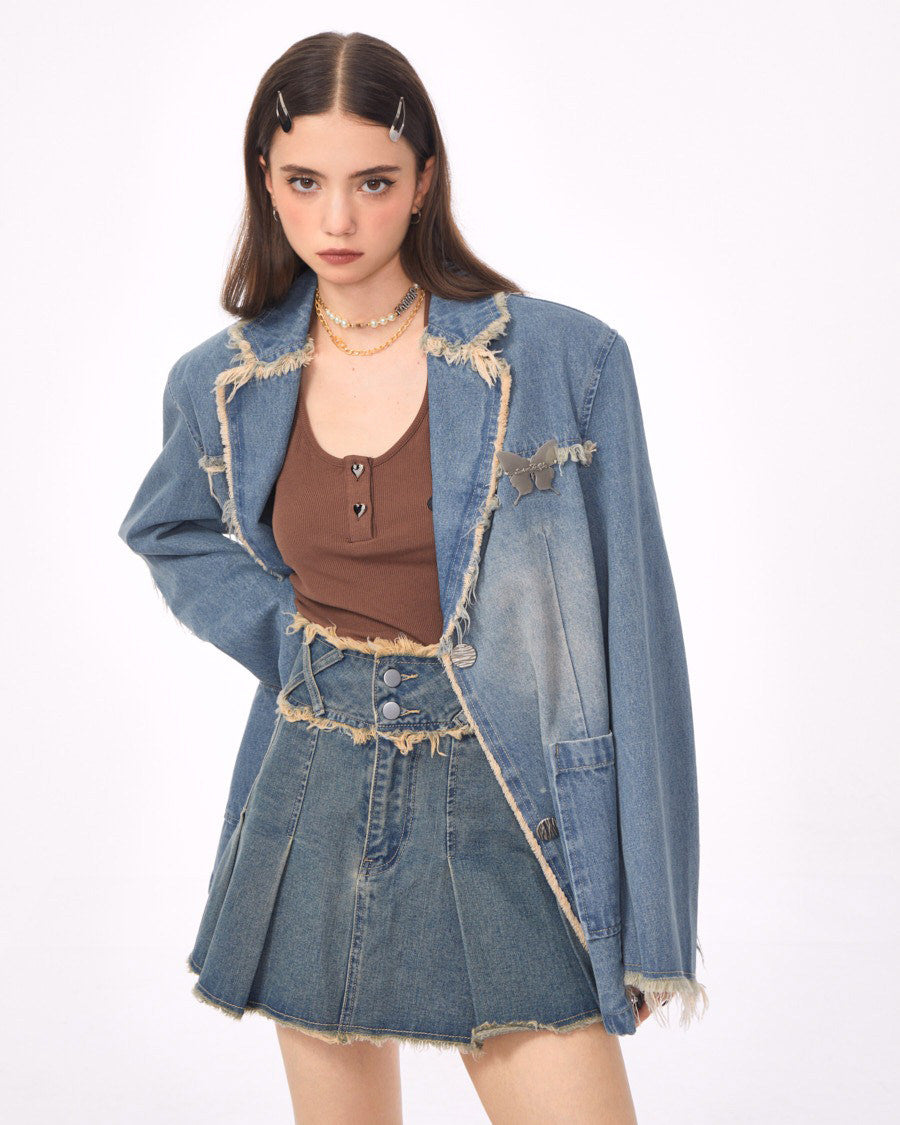 distressed denim blazer in blue