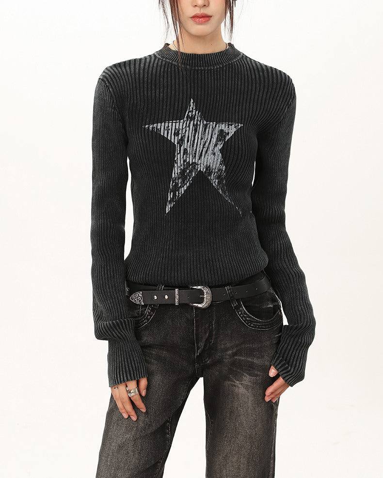 star print ribbed long sleeve top