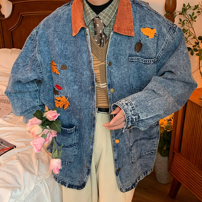 autumn leaves embroidery denim jacket