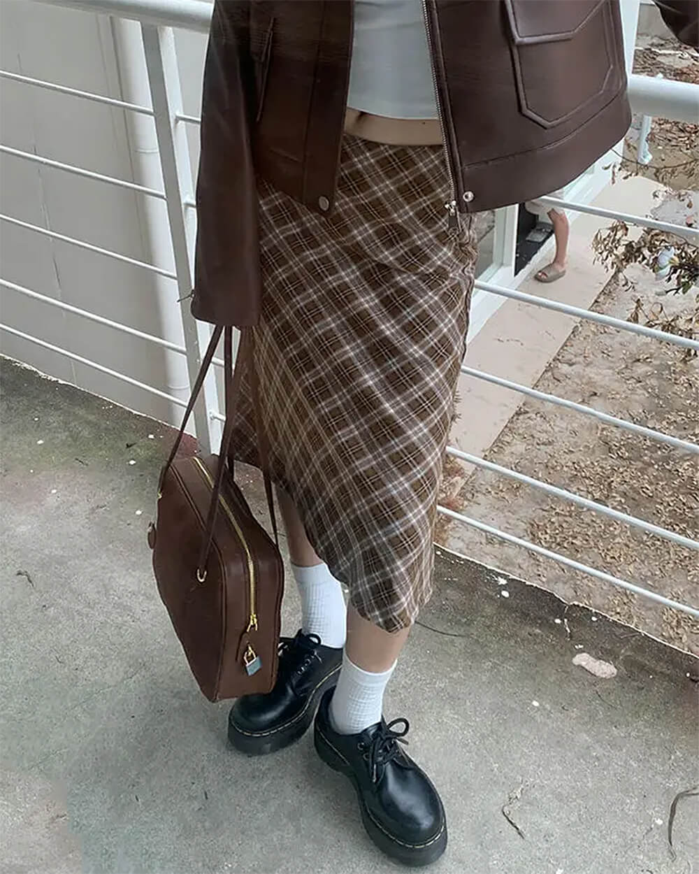 worry less brown plaid midi skirt