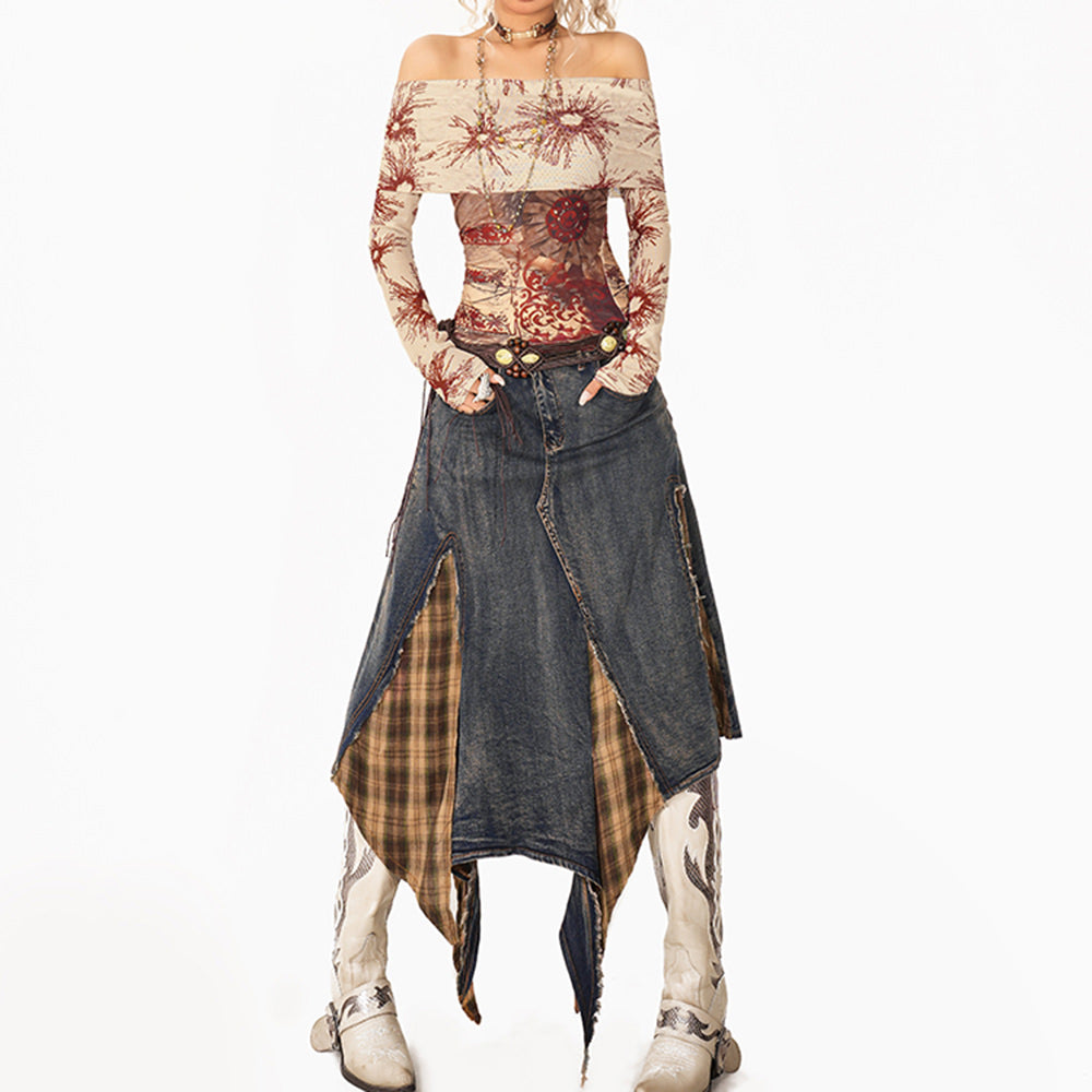 grunge patchwork plaid denim skirt