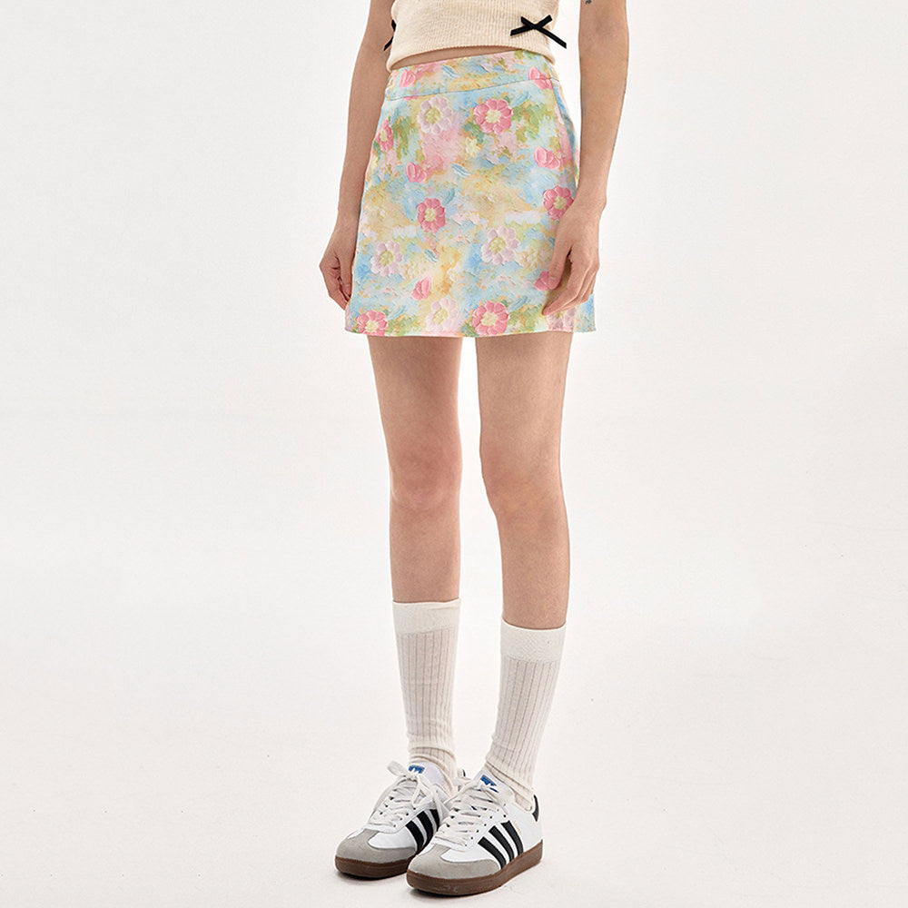 pastel brushstroke floral mini skirt