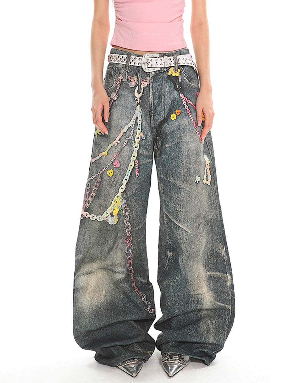 y2k printed chain & charm baggy jeans