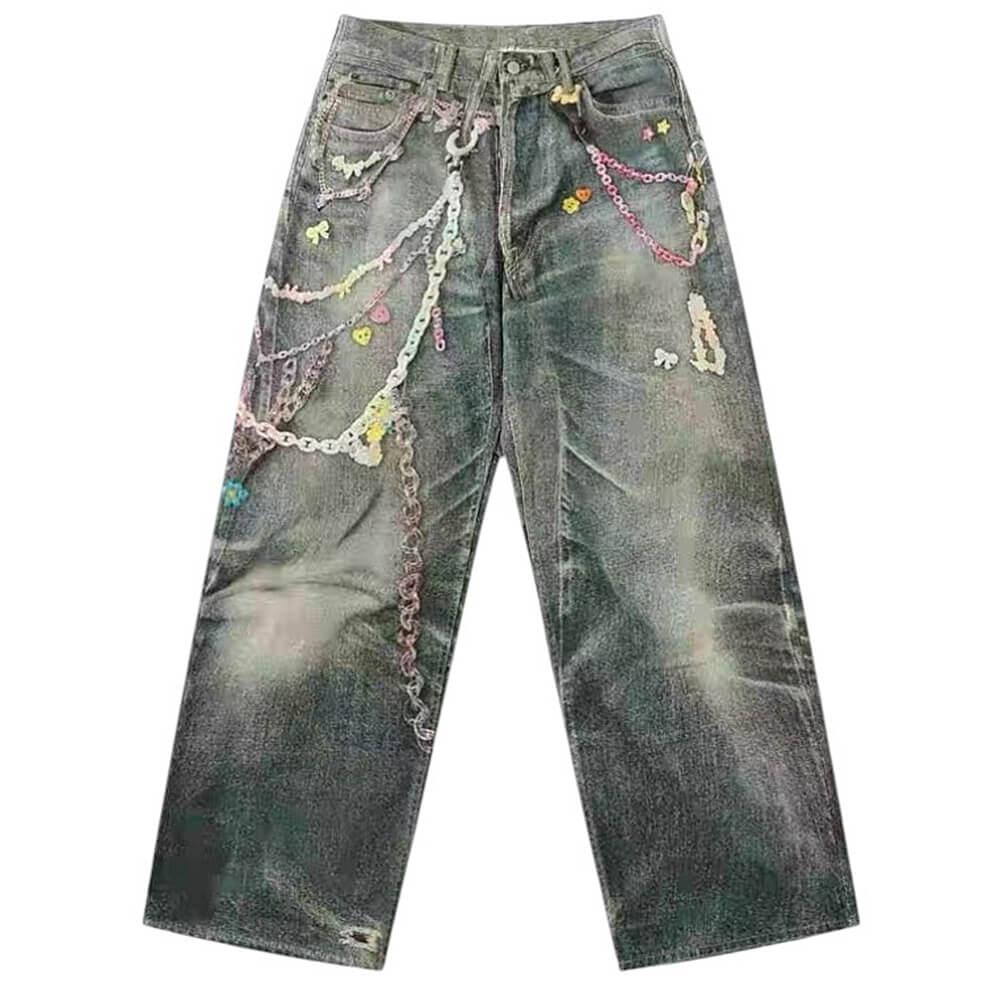 y2k printed chain & charm baggy jeans